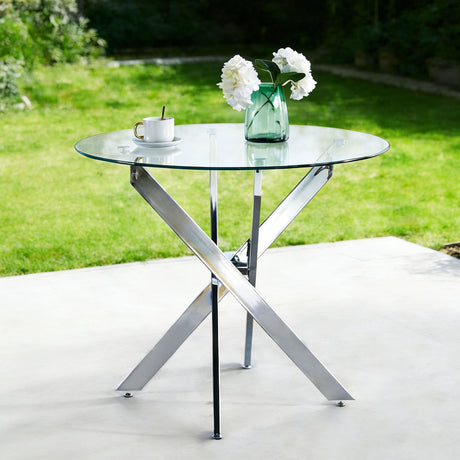 Dining Table With Cross Metal Leg And Tempered Glass, Modern Space Saving Kitchen Table For Living Room