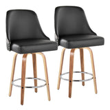 Marcel - 26" Fixed-Height Counter Stool With Swivel And Round Chrome Metal Footrest (Set of 2) - Zebra Wood And Black Faux Leather With Chrome Nailhead Trim