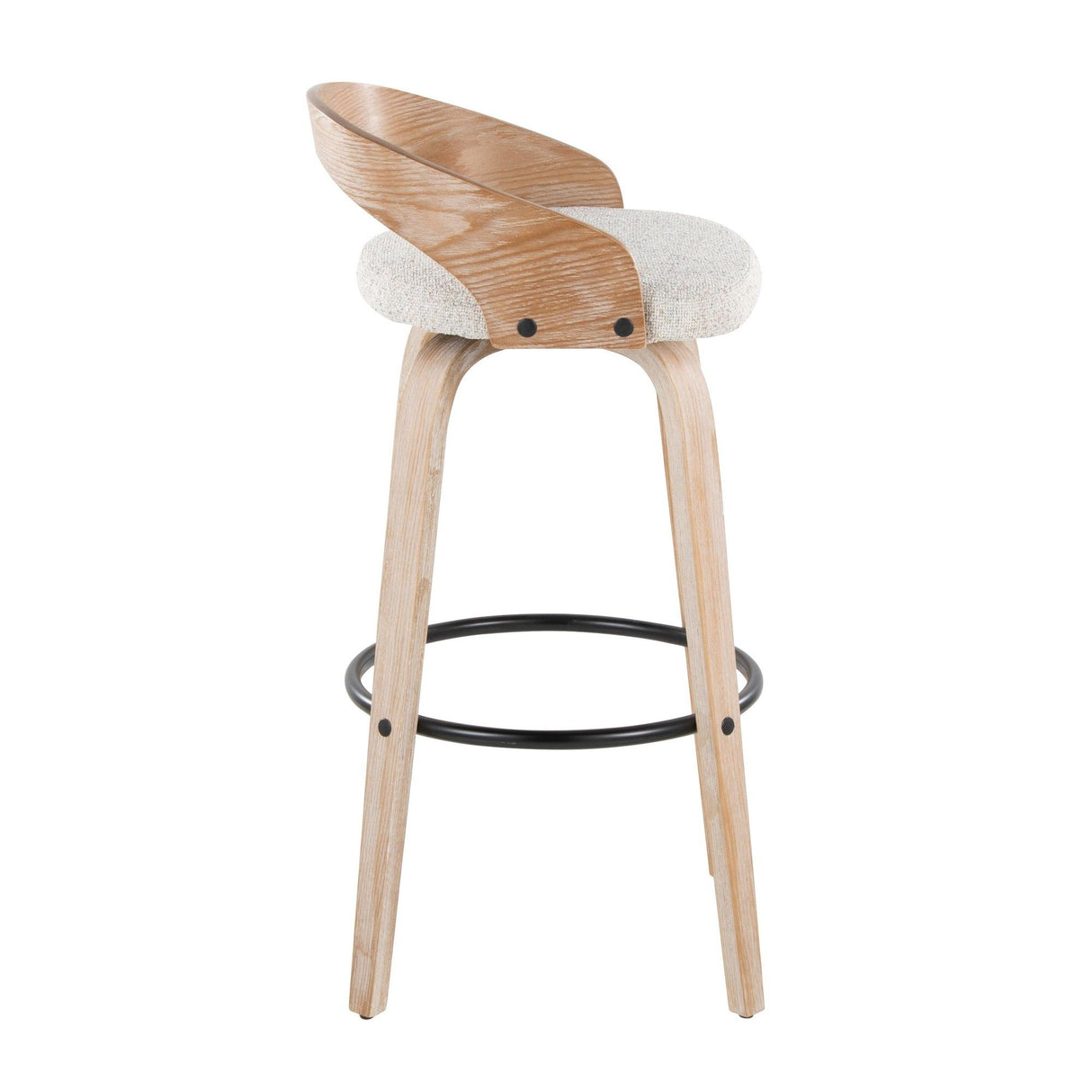 Grotto - 30" Fixed-Height Barstool With Swivel And Round Black Metal Footrest (Set of 2) - White Washed Wood And Oat Fabric