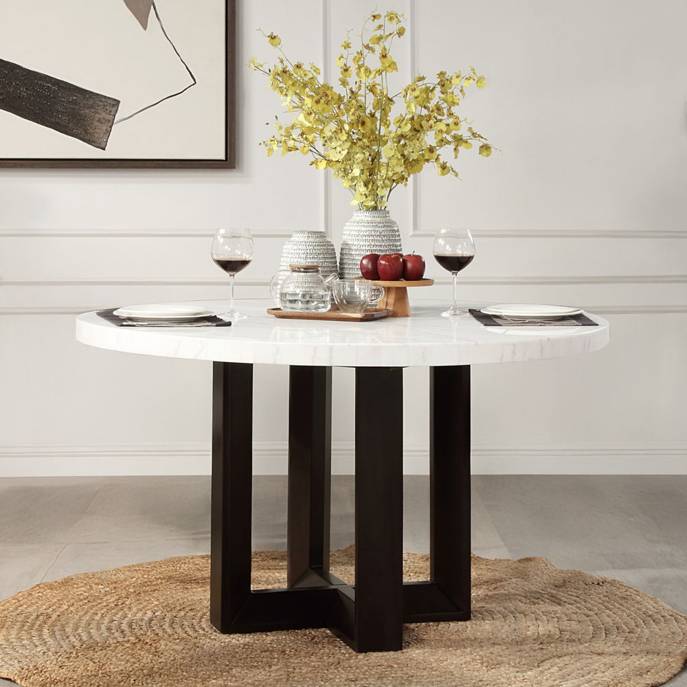 Edwyn - Round Dining Table - White Natural Marble Top & Espresso