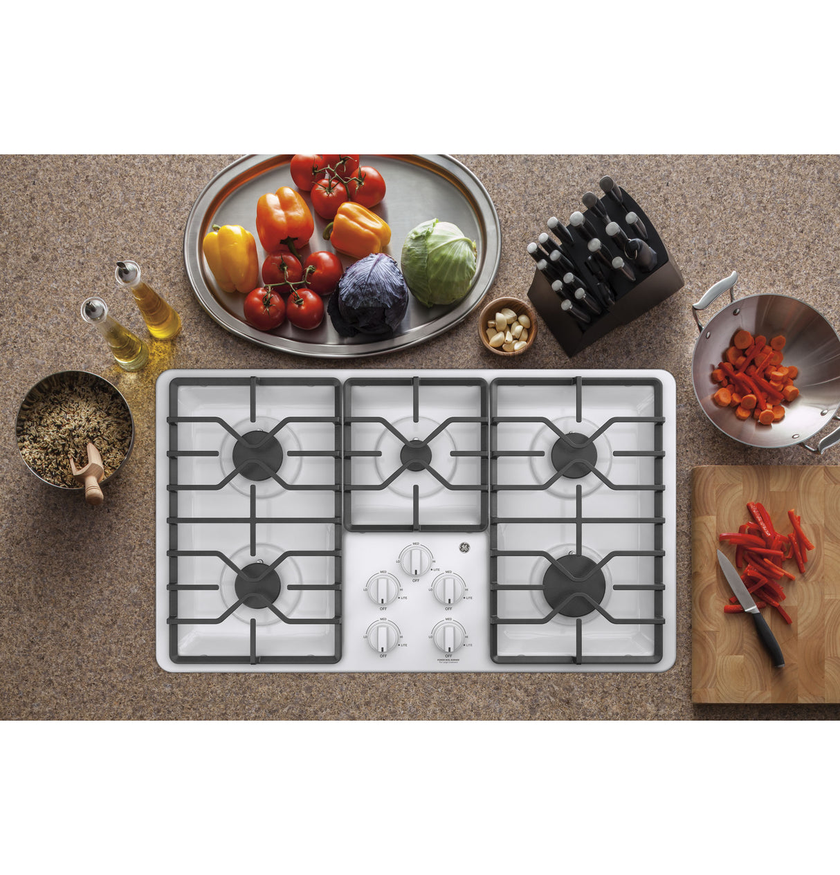 GE JGP3036DLWW - 36 in. 5-Burner Natural Gas Cooktop with Simmer Burner & Power Burner - White