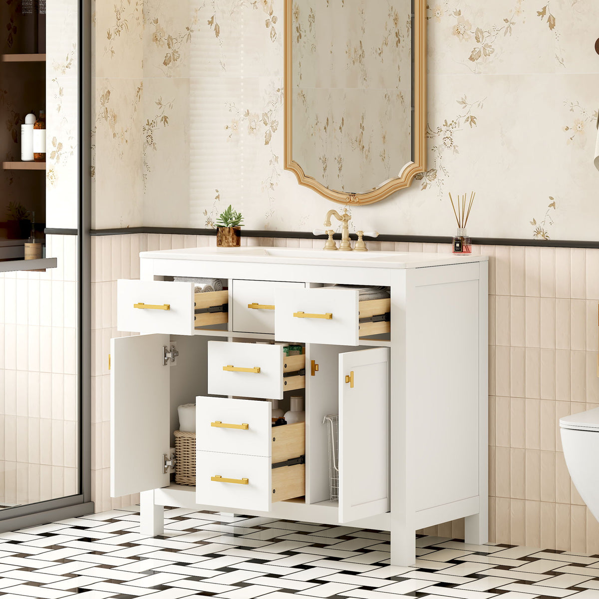 Bathroom Vanity With Sink, Cabinet With 4 Drawers & 2 Soft Close Doors, Rectangular Storage Unit For Bathroom