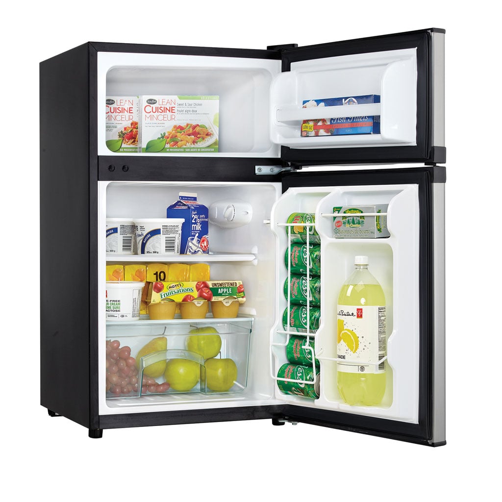 Danby DCR031B1BSLDD compact fridge doors propped open