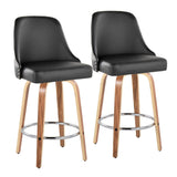 Marcel - 27" Fixed-Height Counter Stool With Swivel And Round Chrome Metal Footrest (Set of 2) - Zebra Wood And Black Faux Leather With Chrome Nailhead Trim