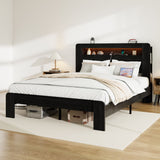 Wood Platform Bed Frame With Storage LED Light Headboard & USB