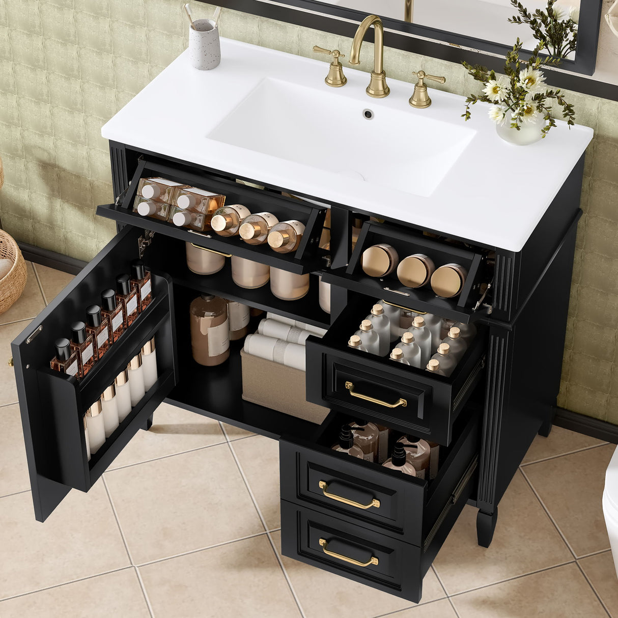 Modern Bathroom Vanity With Sink Top, Flip Drawer Design