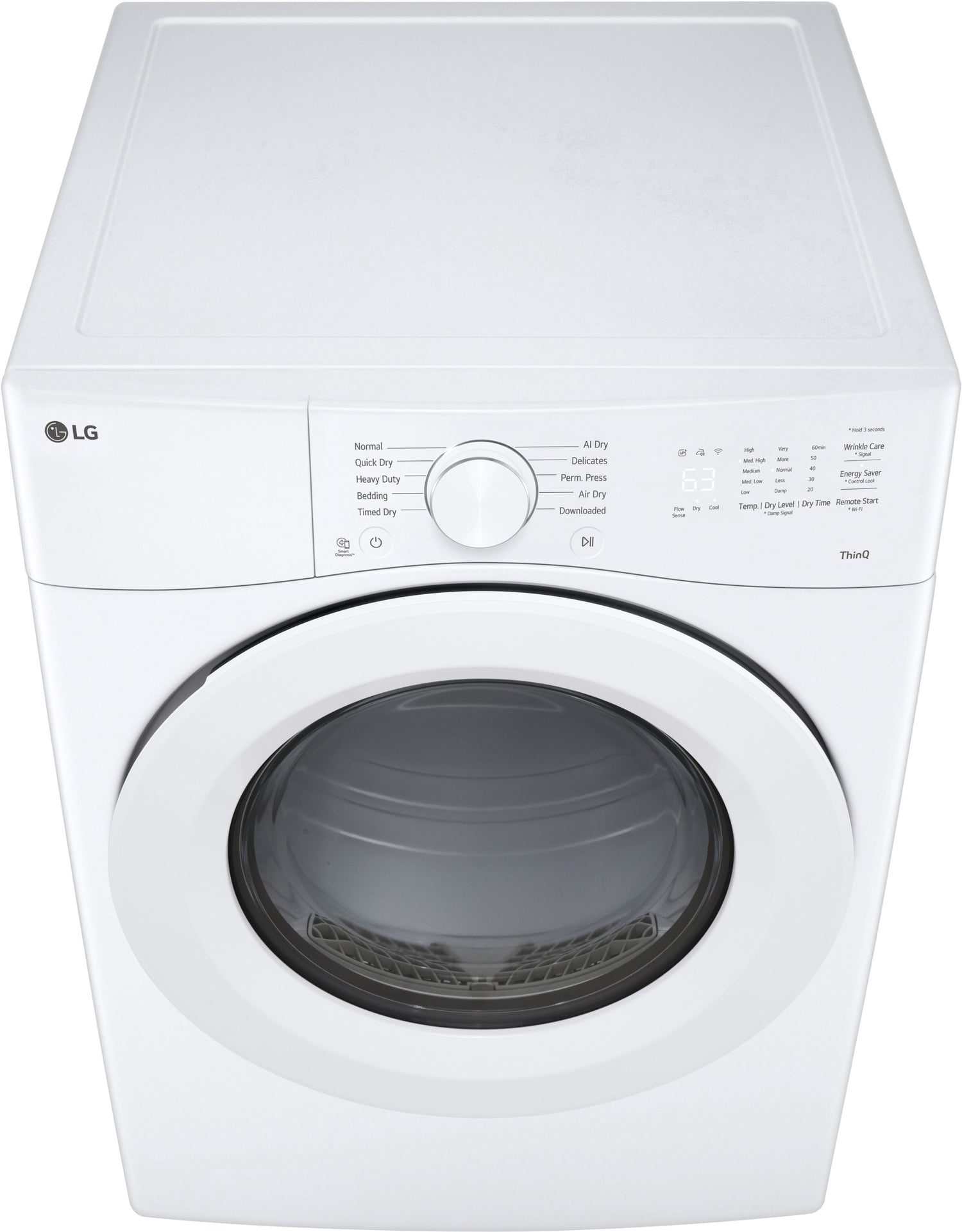 LG DLE3420W electric dryer front top view