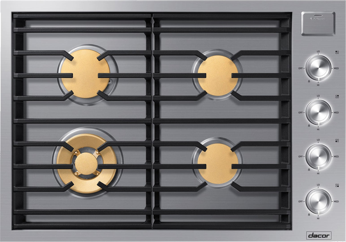 Dacor DTG30M954FS 30 Inch Gas Cooktop front view in Silver Stainless