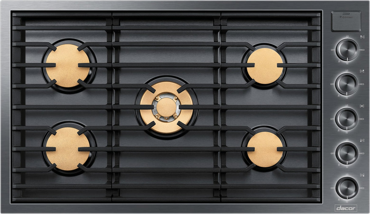 Dacor DTG36M955FM 36 Inch Gas Cooktop Graphite Stainless front view