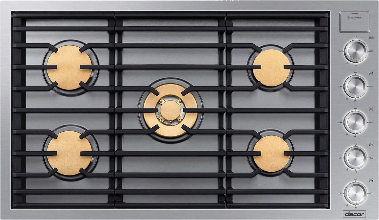 Dacor DTG36M955FS 36 Inch Gas Cooktop Silver Stainless front view