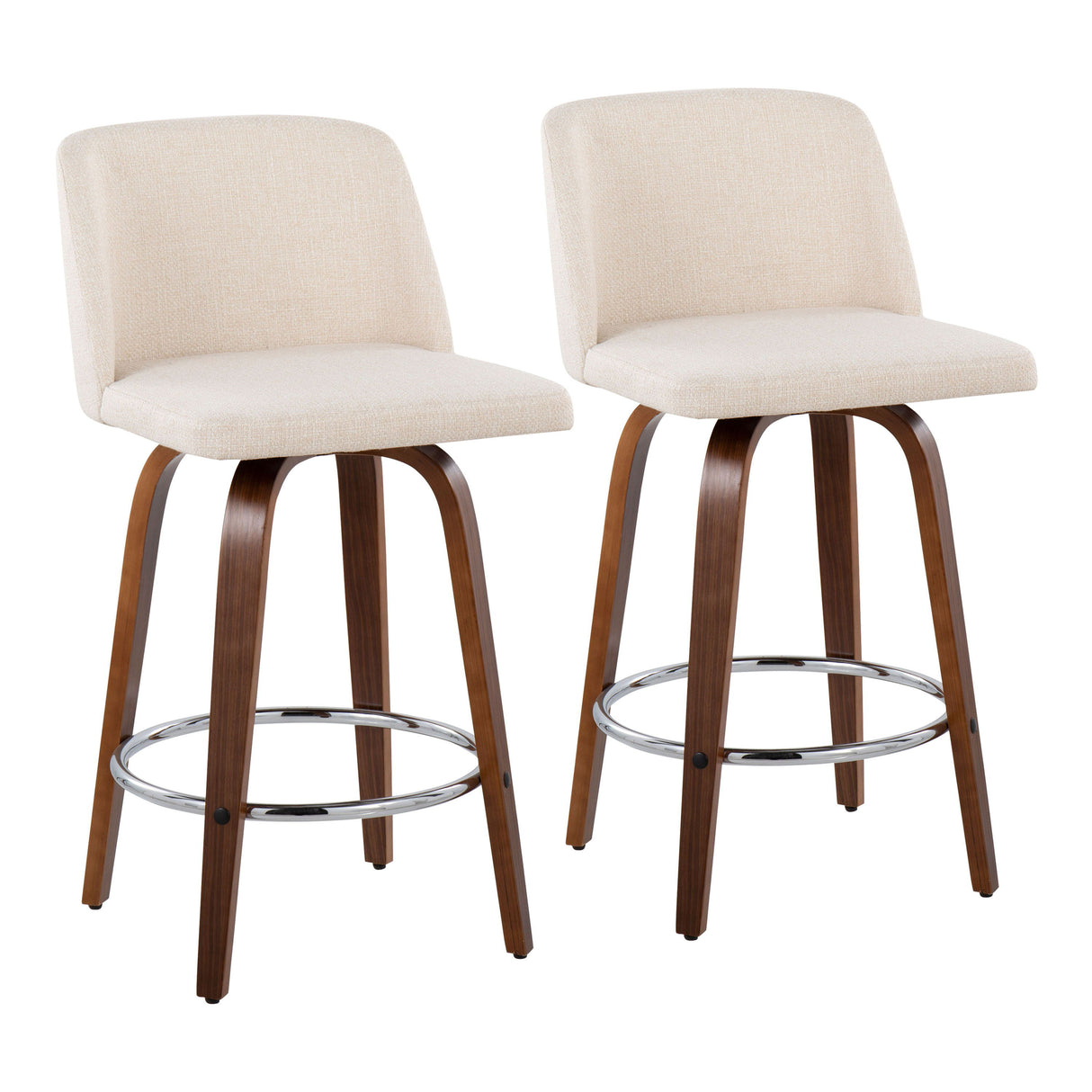 Tintori - Fixed-Height Counter Stool (Set of 2) - Walnut Wood With Round Chrome Footrest And Cream Noise Fabric