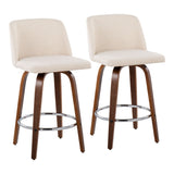 Tintori - Fixed-Height Counter Stool (Set of 2) - Walnut Wood With Round Chrome Footrest And Cream Noise Fabric