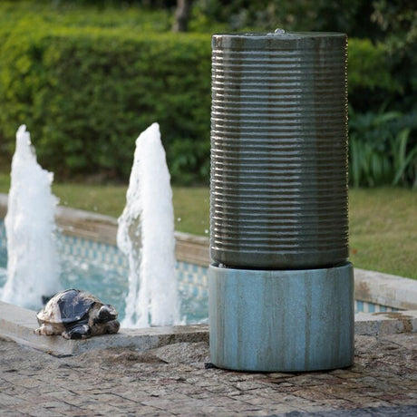 Large Modern Cylinder Ribbed Tower Water Fountain, Contemporary Outdoor Bird Bath
