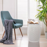 Glazed Ceramic Drum Stool Indoor / Outdoor Side Table Ceramic - White