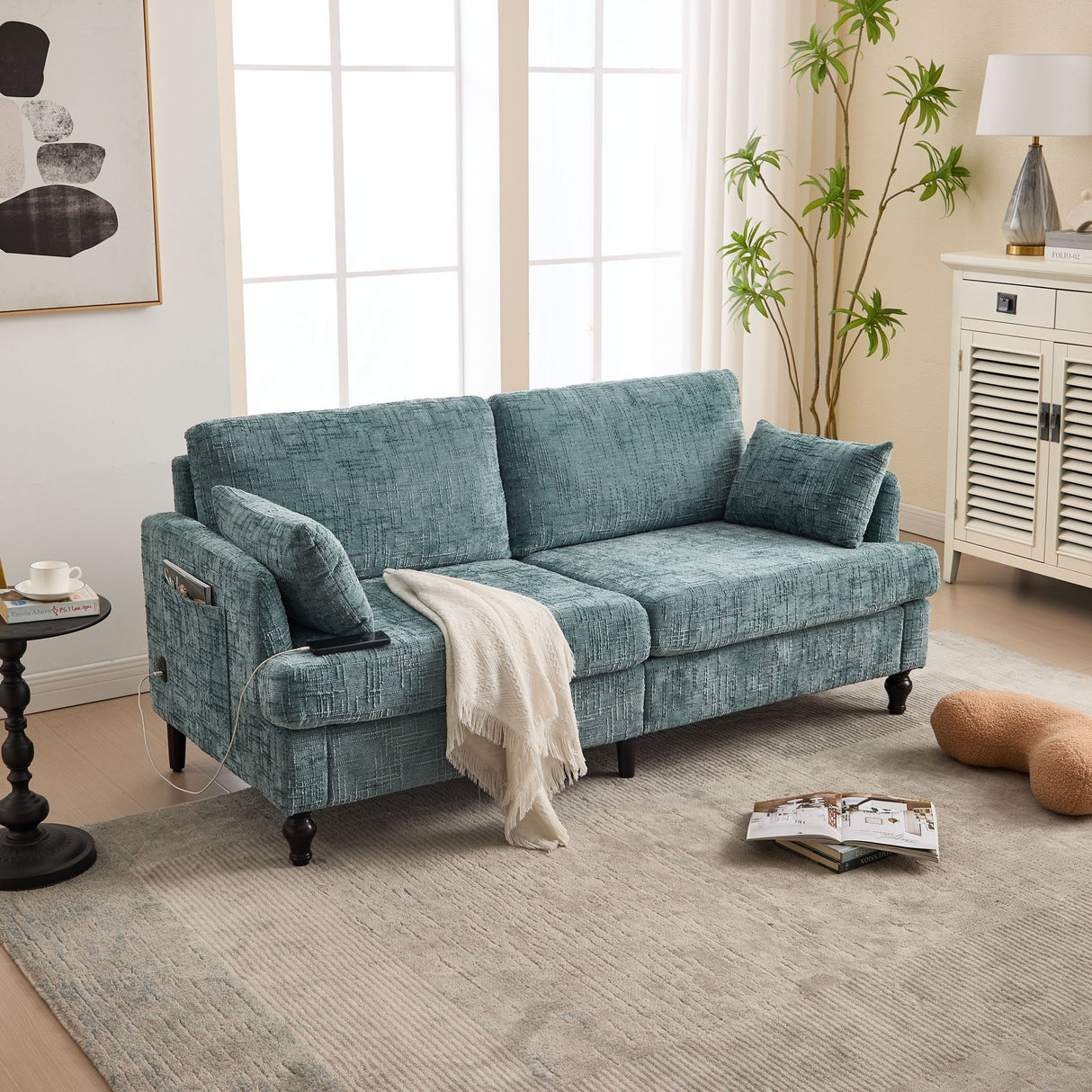 Chenille 2 Seater Sofa With LED Light, USB Charging Port, And Storage Bag