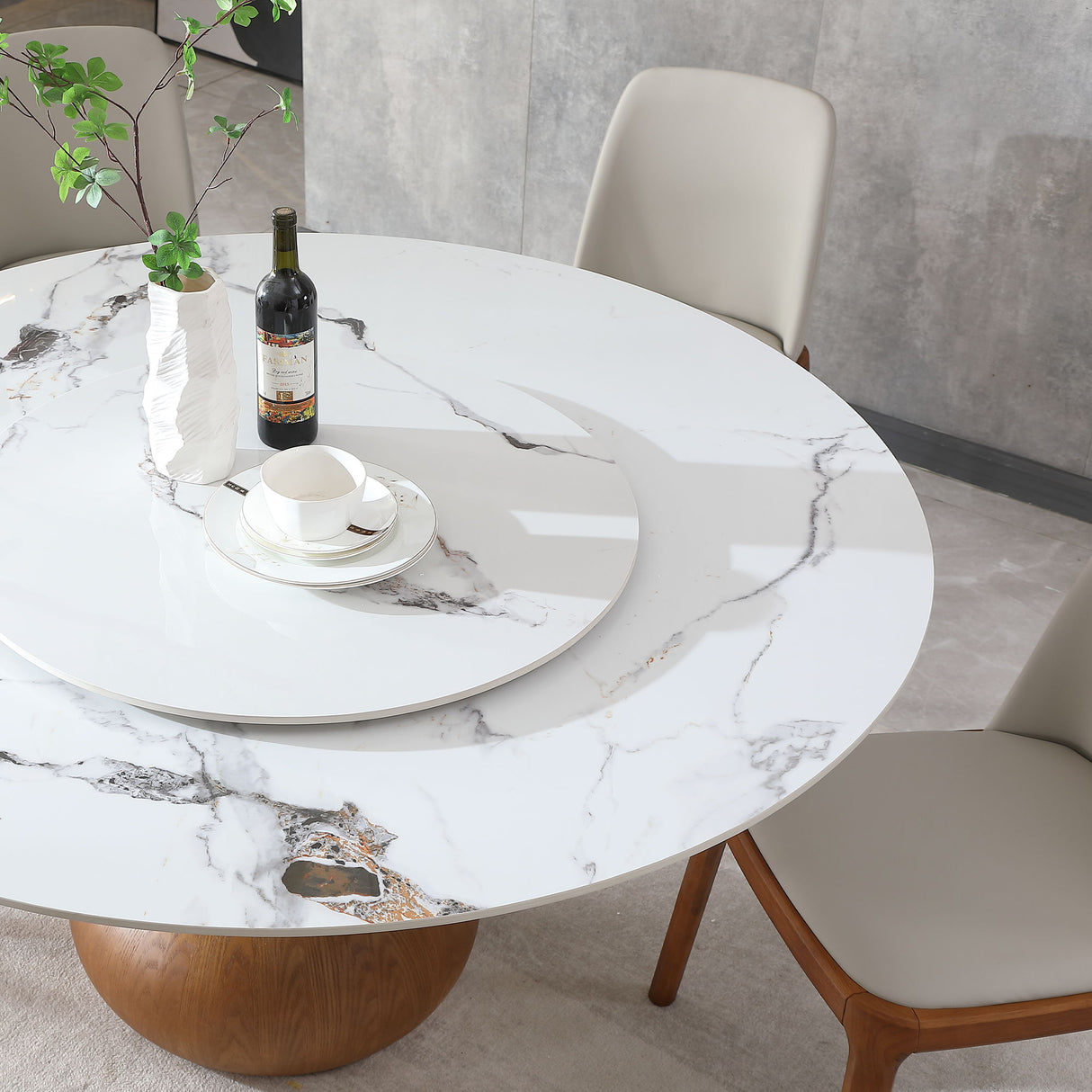 Round Modern Marble Dining Table (Table Only) - Walnut / White