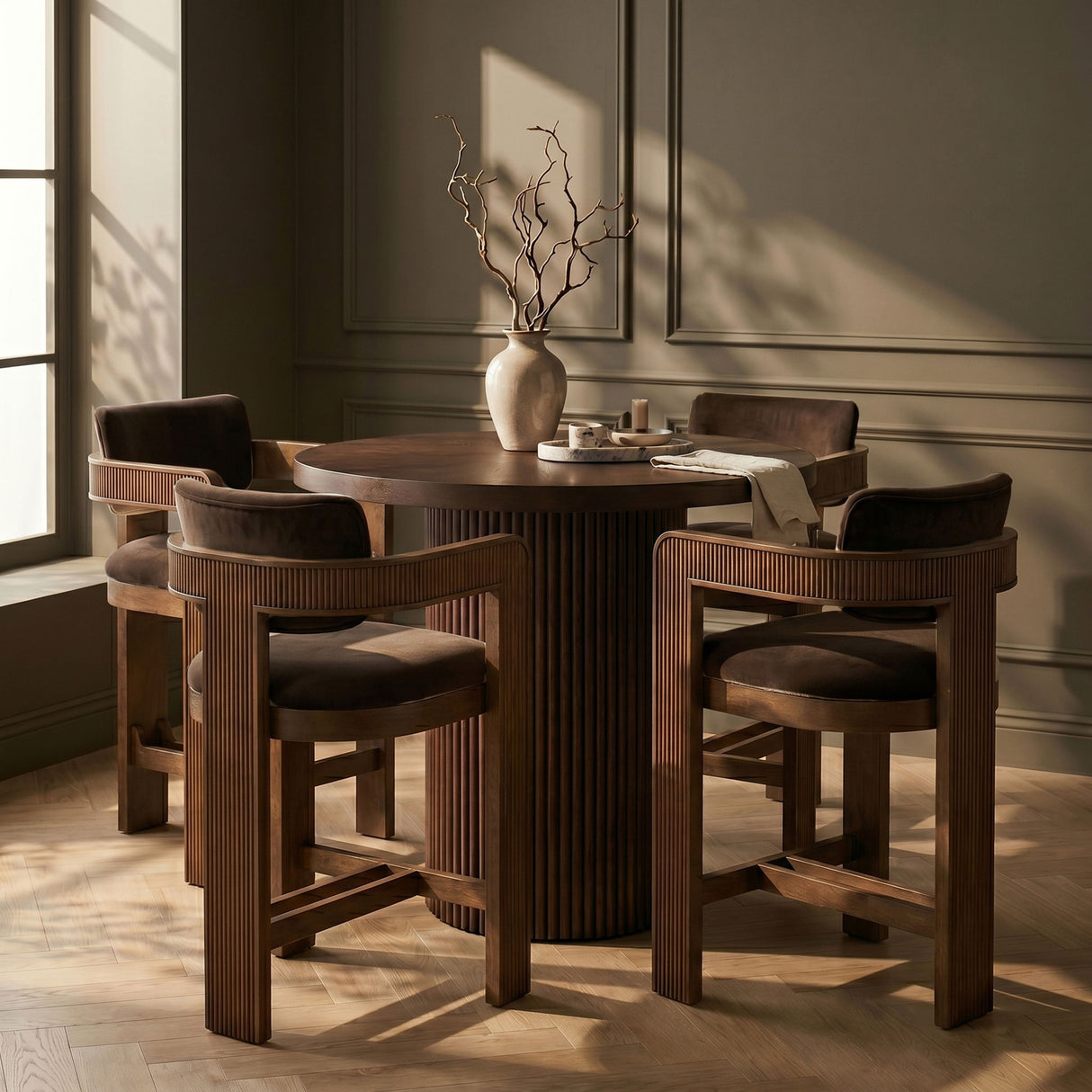 Sacha - Velvet Stool With Brown Base