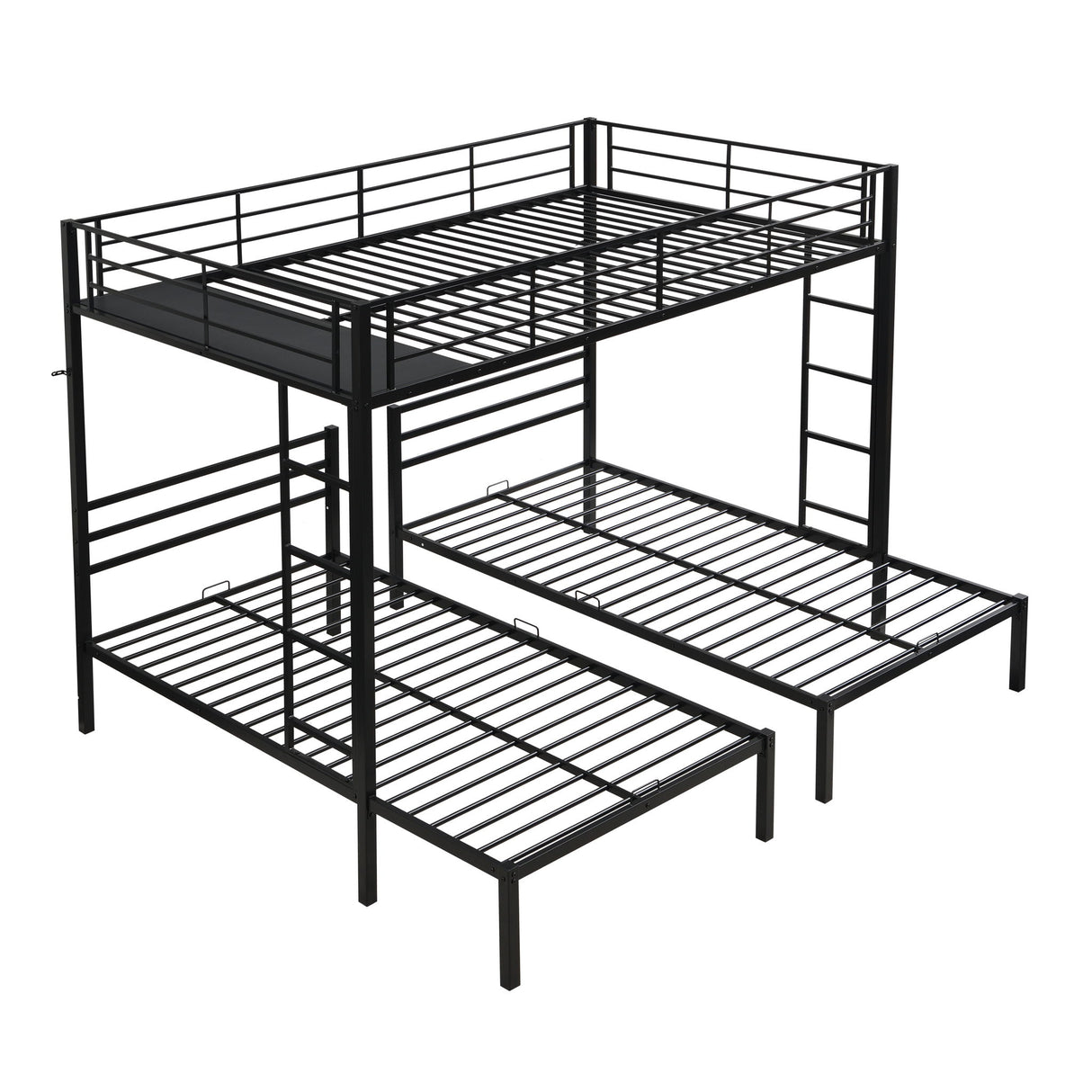 Modern Metal Triple Bunk Bed With Vertical Ladder, Safety Rail, And Storage Shelf - Black