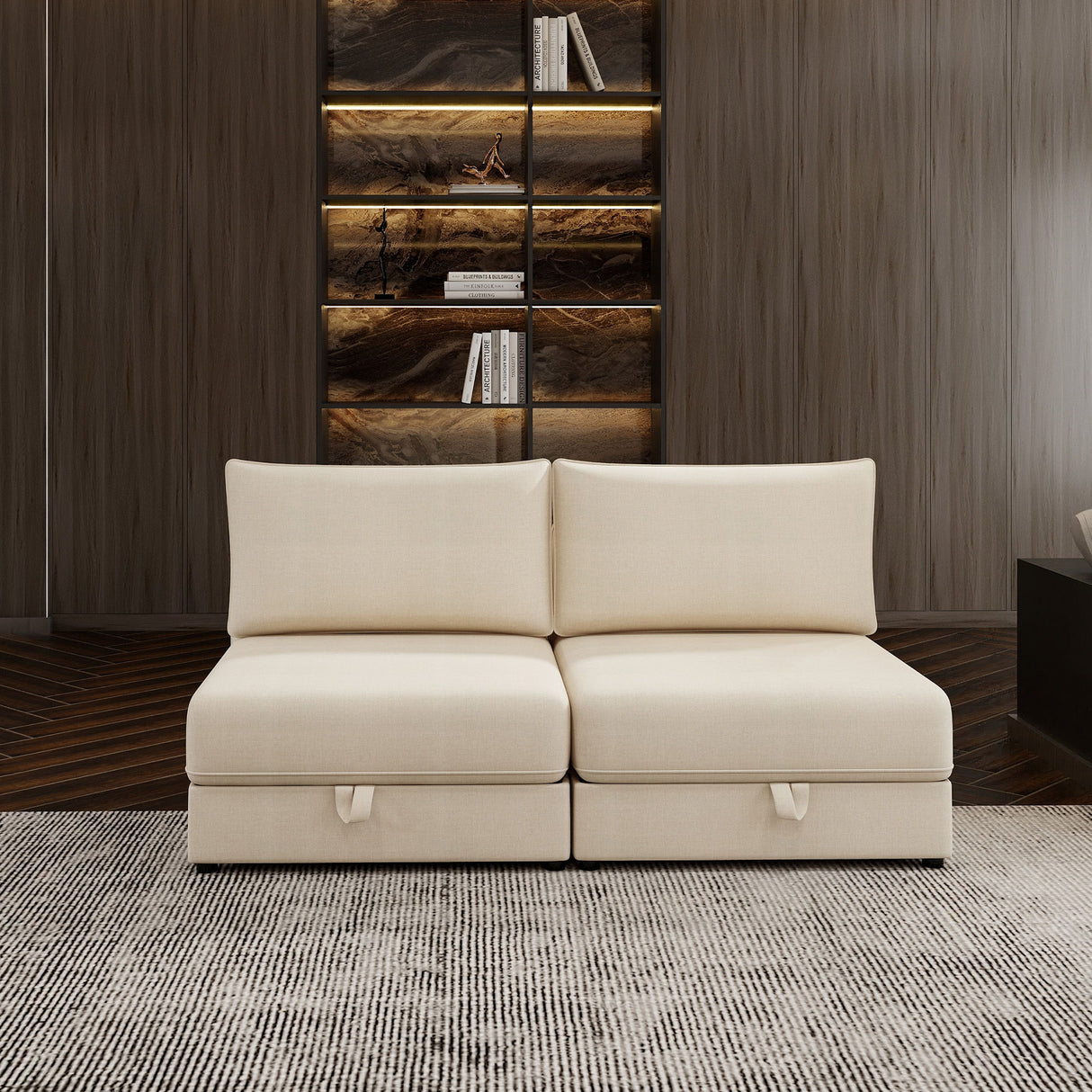 Modular Sectional Sofa With Storage, Convertible 2 Seater Sleeper Sofa - Beige