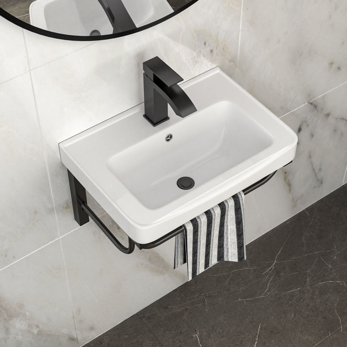 Wall Mounted Rectangular Bathroom Sink With 304 Stainless Steel Towel Bar & Overflow - White