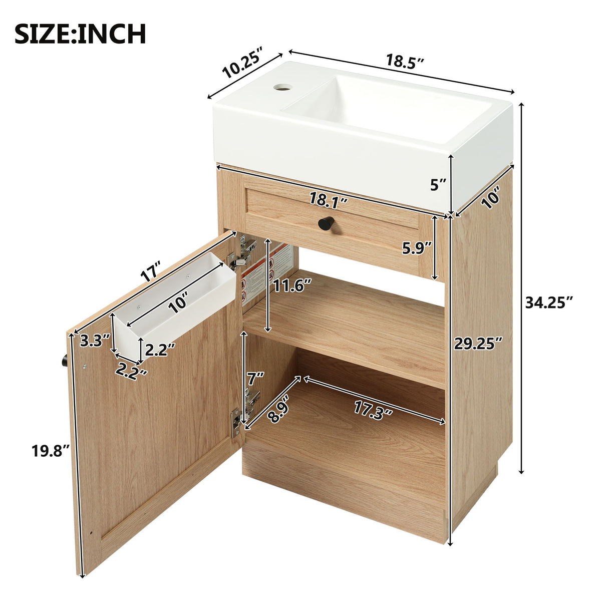 Bathroom Vanity With Reversible Resin Sink, Cabinet & Zinc Alloy Handles - Wood