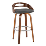 Cassis - Mid-Century Modern Fixed-Height Swivel Barstool (Set of 2) - Walnut Wood And Gray Faux Leather With Round Chrome Metal Footrest