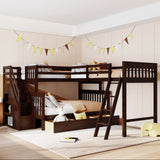 Solid L Shaped Bunk Bed With 3 Drawers, Ladder And Staircase