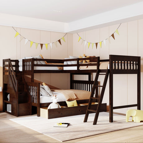Solid L Shaped Bunk Bed With 3 Drawers, Ladder And Staircase