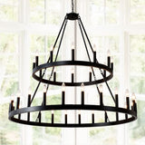 2 Tiers Wagon Wheel Chandelier Wooden Farmhouse 36 Light (24 / 12) Or (12 / 24) Metal Chandeliers 2 Story Light Fixtures Industrial For High Ceiling Living Dining Room Foyer, Adjustable Height - Black