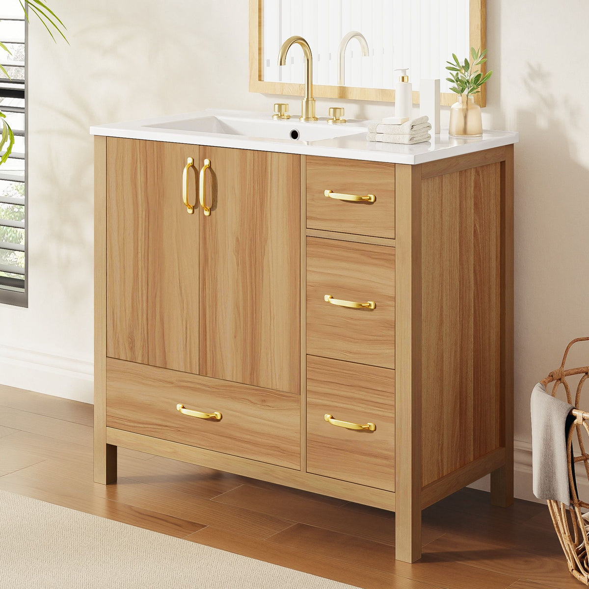 Bathroom Vanity, 2 Soft Close Doors, 4 Soft Close Drawers, Adjustable Shelf, Storage Cabinet - Acacia Wood