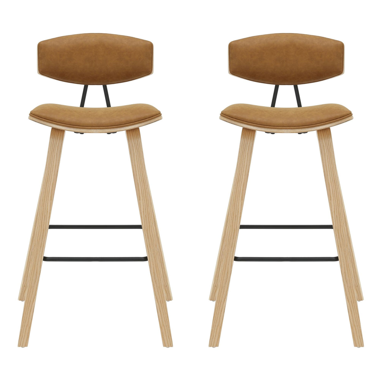 Fox - Bar Height Curved Back Wood Bar Stool With Faux Leather Seat