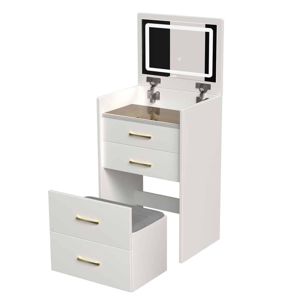 Compact 3 In 1 Vanity Desk With Open Top Mirror, Glass Desktop, 5 Height - White