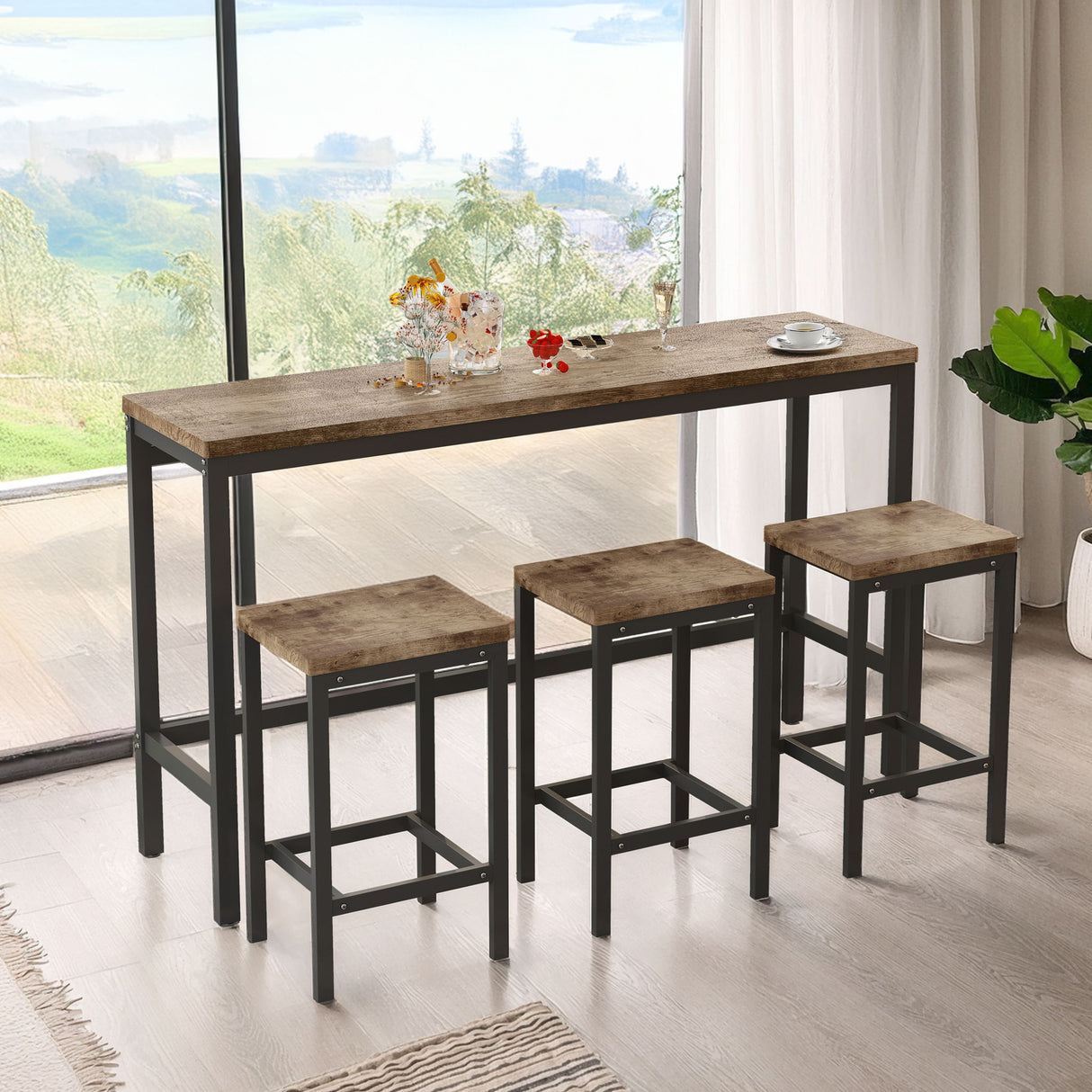 Modern Design Long Dining Table Set With 3 Stools