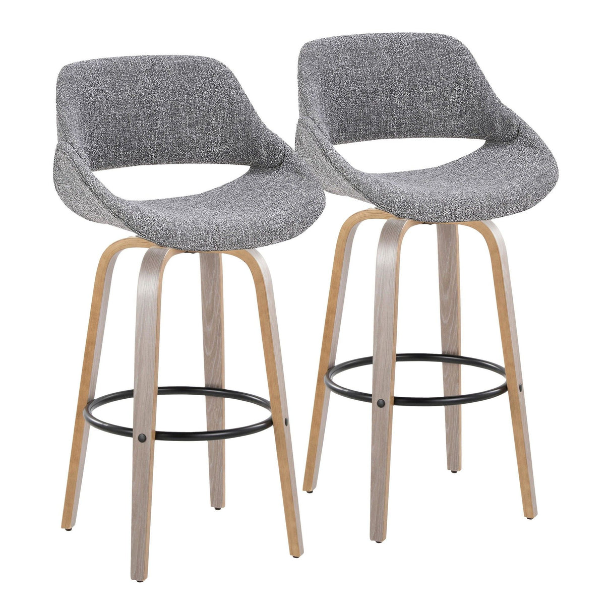 Fabrizzi - 30" Fixed-Height Barstool With Swivel And Round Black Metal Footrest (Set of 2) - Light Gray Wood