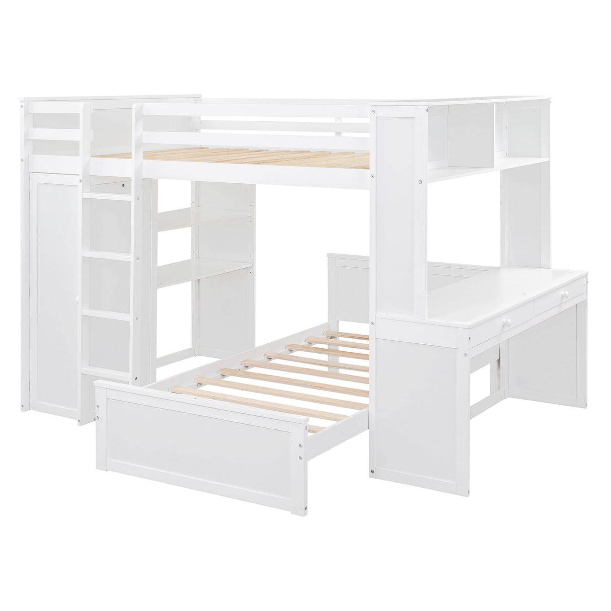 Loft Bed With A Twin Size Standalone Bed, Shelves, Desk, And Wardrobe
