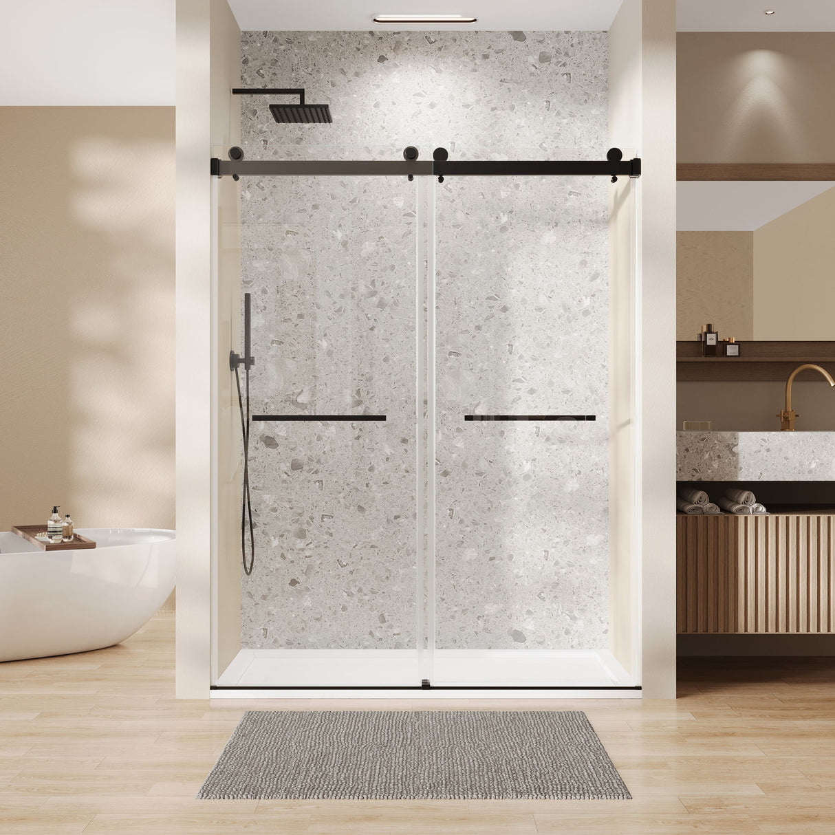 Frameless Double Sliding Soft Close Bathtub Shower Door, 5 / 16" Clear Nano Coated Tempered Glass And 304 Stainless Steel Handle - Matte Black