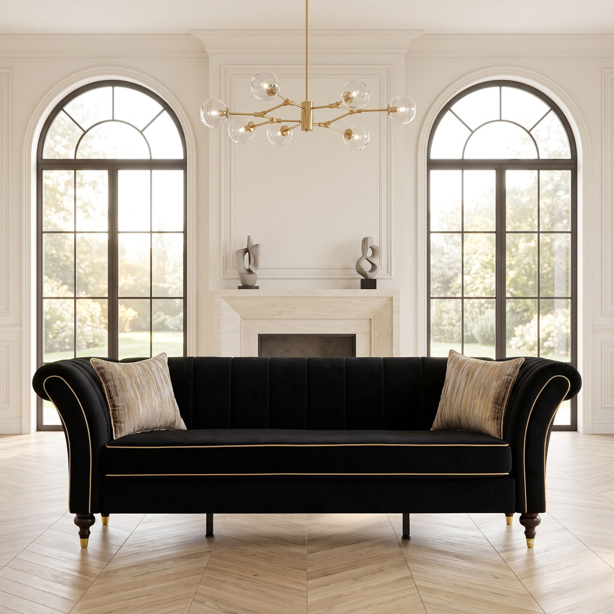 3 Seater Sofa With Rolled Arms, Vertical Channel Tufted Backrest