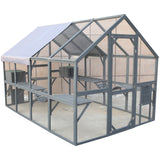 Spacious Wooden Cat Catio Outdoor Kitty House With Bridges And Roof Cover - Gray