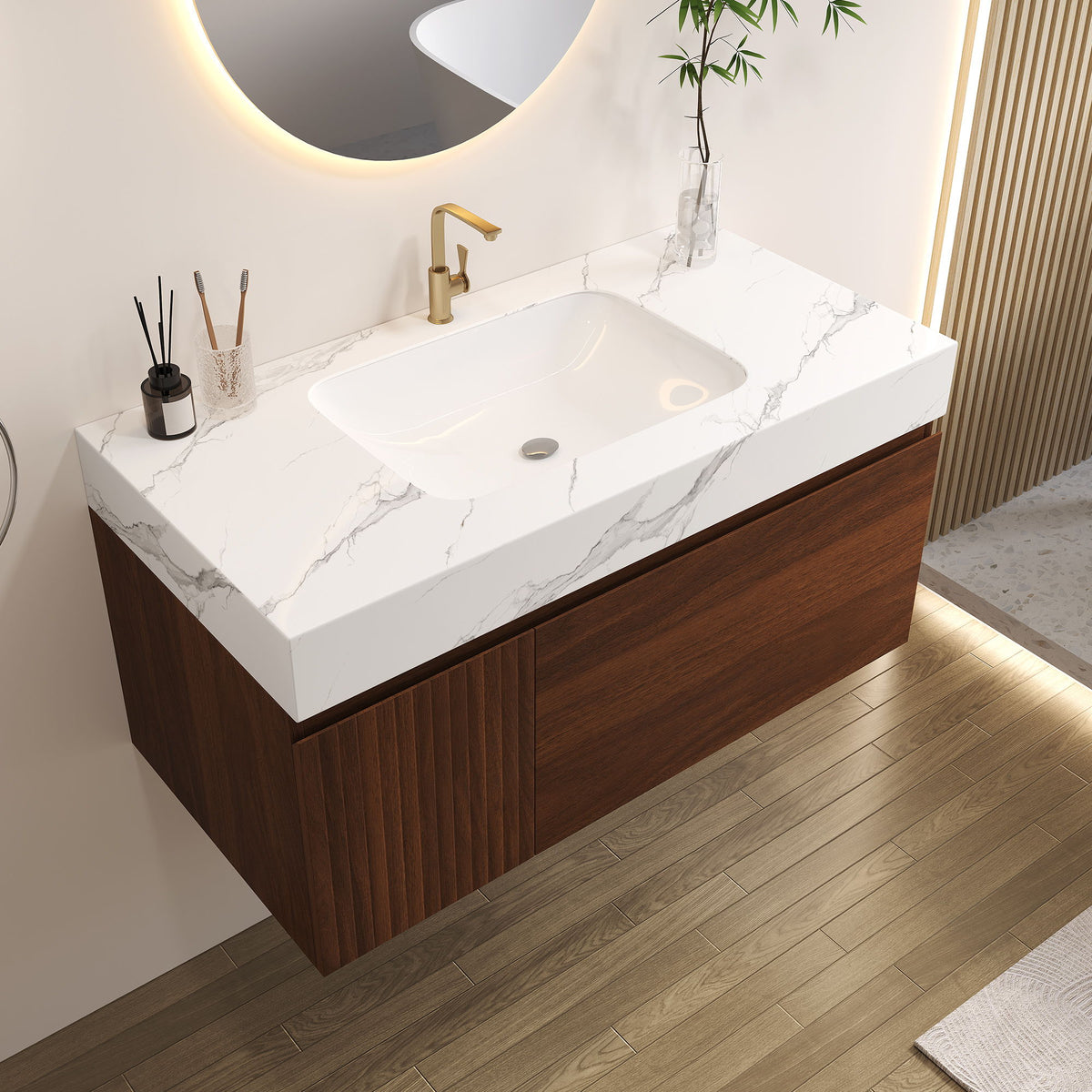 Floating Bathroom Vanity & Basin 1 Soft Close Drawer + 1 Cabinet, Wall Mounted - Walnut / White