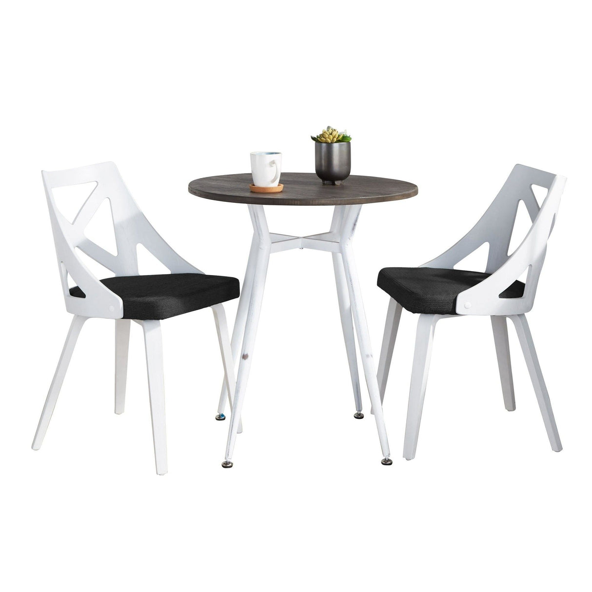 Clara - Charlotte 3 Piece Round Dinette Set - Vintage White Metal With Rounded Espresso Wood-Pressed Grain Bamboo Tabletop And White Textured Wood With Charcoal Fabric