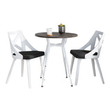 Clara - Charlotte 3 Piece Round Dinette Set - Vintage White Metal With Rounded Espresso Wood-Pressed Grain Bamboo Tabletop And White Textured Wood With Charcoal Fabric