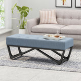Upholstered Ottoman With Button Tufted Waffle Stitch And Black Geometric Legs - Light Blue