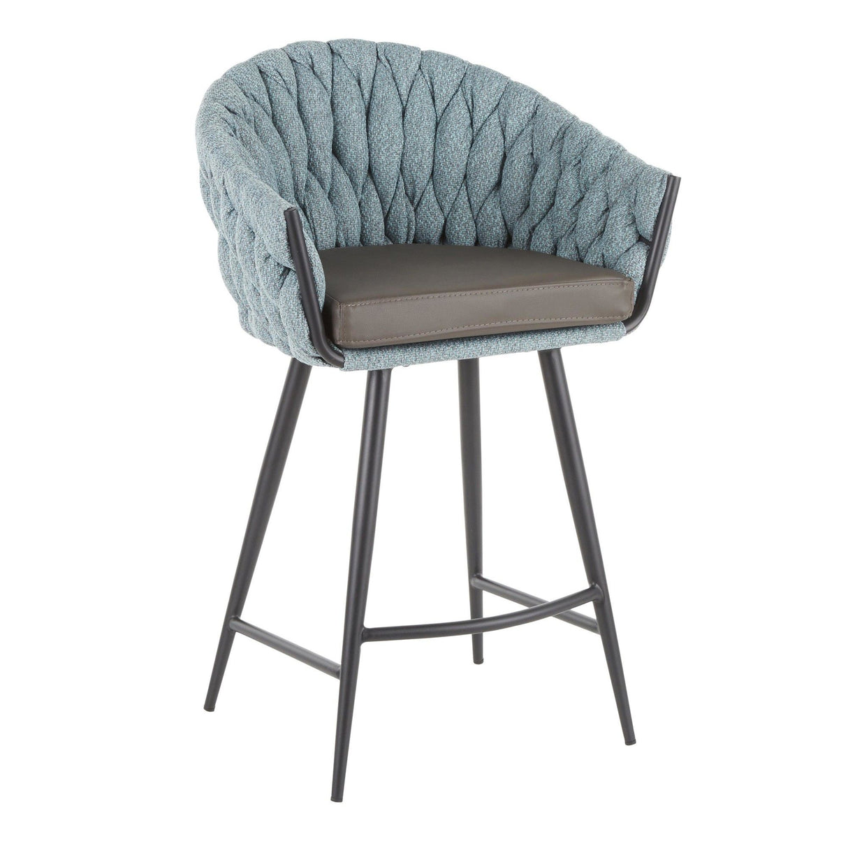 Matisse - Braided Contemporary Counter Stool - Black Metal With Gray Faux Leather And Blue Fabric