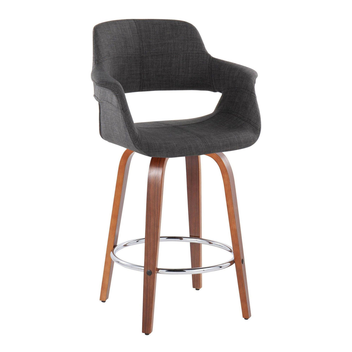 Vintage Flair - Mid-Century Modern Fixed-Height Swivel Counter Stool (Set of 2) - Walnut Wood And Charcoal Fabric With Round Chrome Metal Footrest