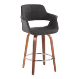 Vintage Flair - Mid-Century Modern Fixed-Height Swivel Counter Stool (Set of 2) - Walnut Wood And Charcoal Fabric With Round Chrome Metal Footrest