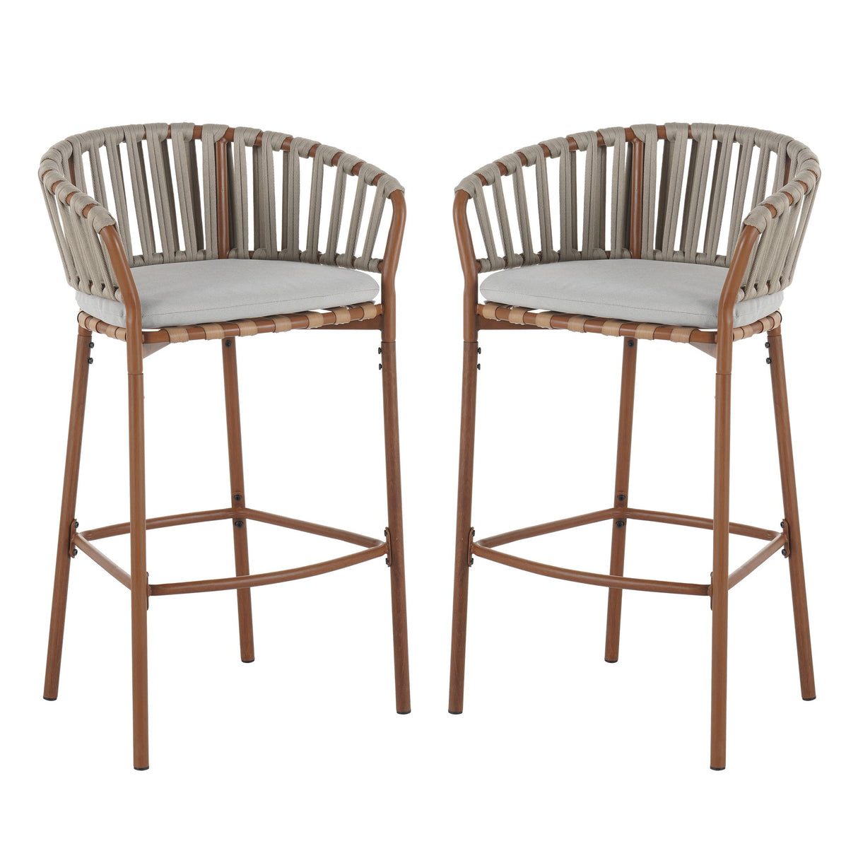 Lodi - Outdoor Matal Rope Barstool, Teak / Beige (Set of 2) - Teak / Beige