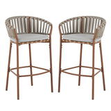 Lodi - Outdoor Matal Rope Barstool, Teak / Beige (Set of 2) - Teak / Beige
