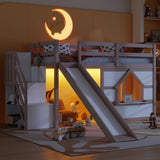 Loft Bed With Storage Stairs, Slide, Playhouse Window And 7 Colors LED Lights
