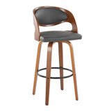 Pino - Mid-Century Modern Fixed-Height Swivel Barstool (Set of 2) - Walnut Wood And Gray Faux Leather With Round Black Metal Footrest