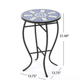 Outdoor Round Side Table With Mosaic Style Top And Curved Iron Legs - Blue / Matte Black